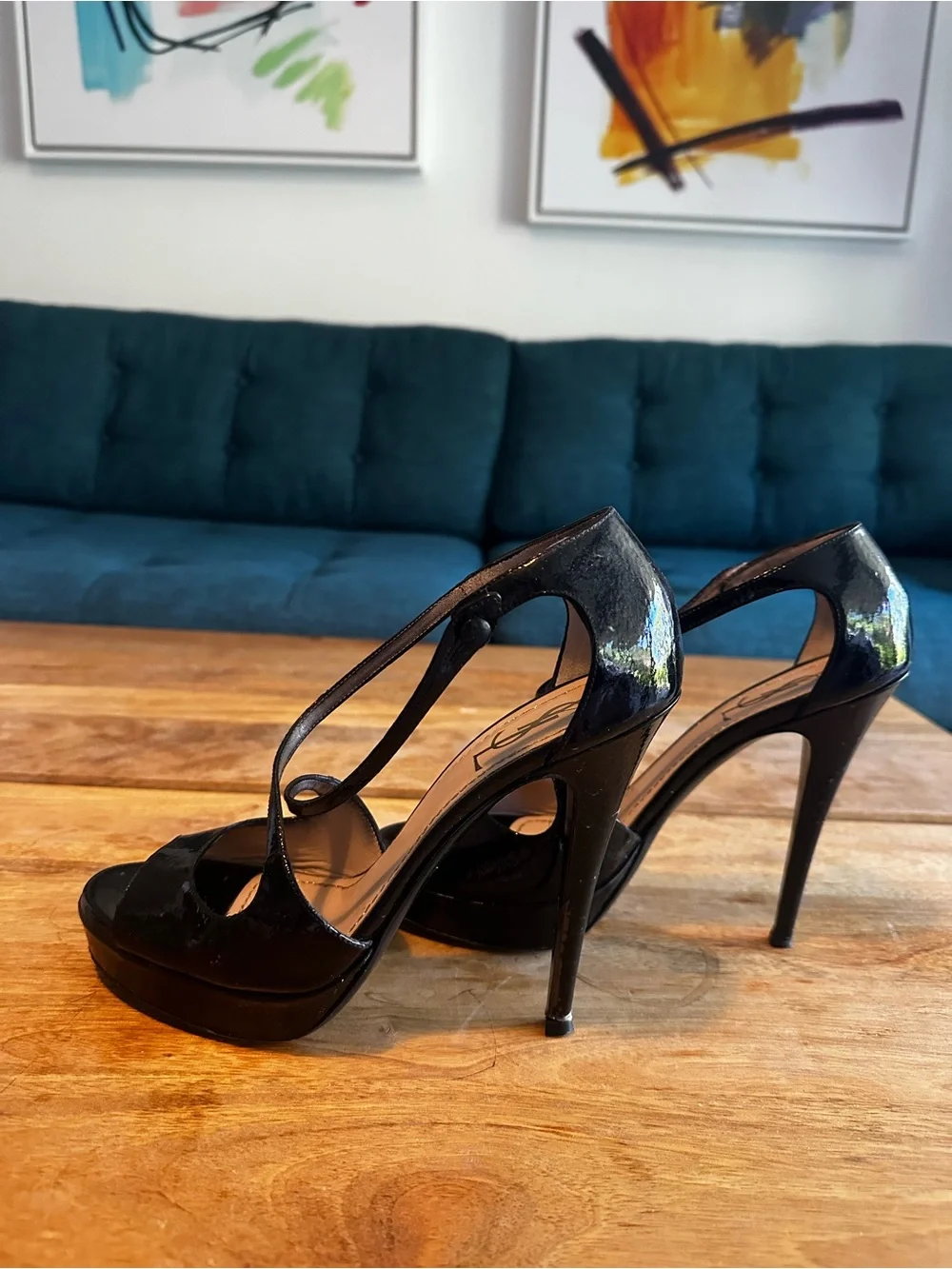 Authentic YSL Saint Laurent Black Patent Leather Platform Sandals Cross Straps